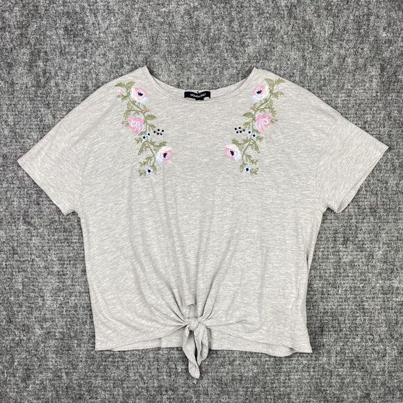 Women Only Shirt Womens Large Gray Tie-Front Embroidered‎ Top Floral Cropped - Picture 1 of 9